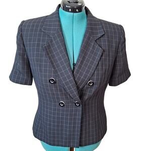 Vintage 90s/Y2K Short Sleeve Double Breasted Blazer Jacket Black Windopane 10